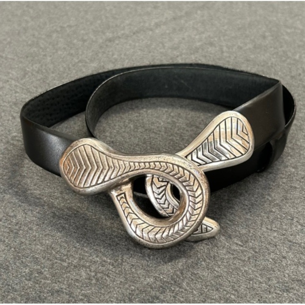 Black Leather Belt Silver Tone Sculptural Hook Buckle Boho Adjustable